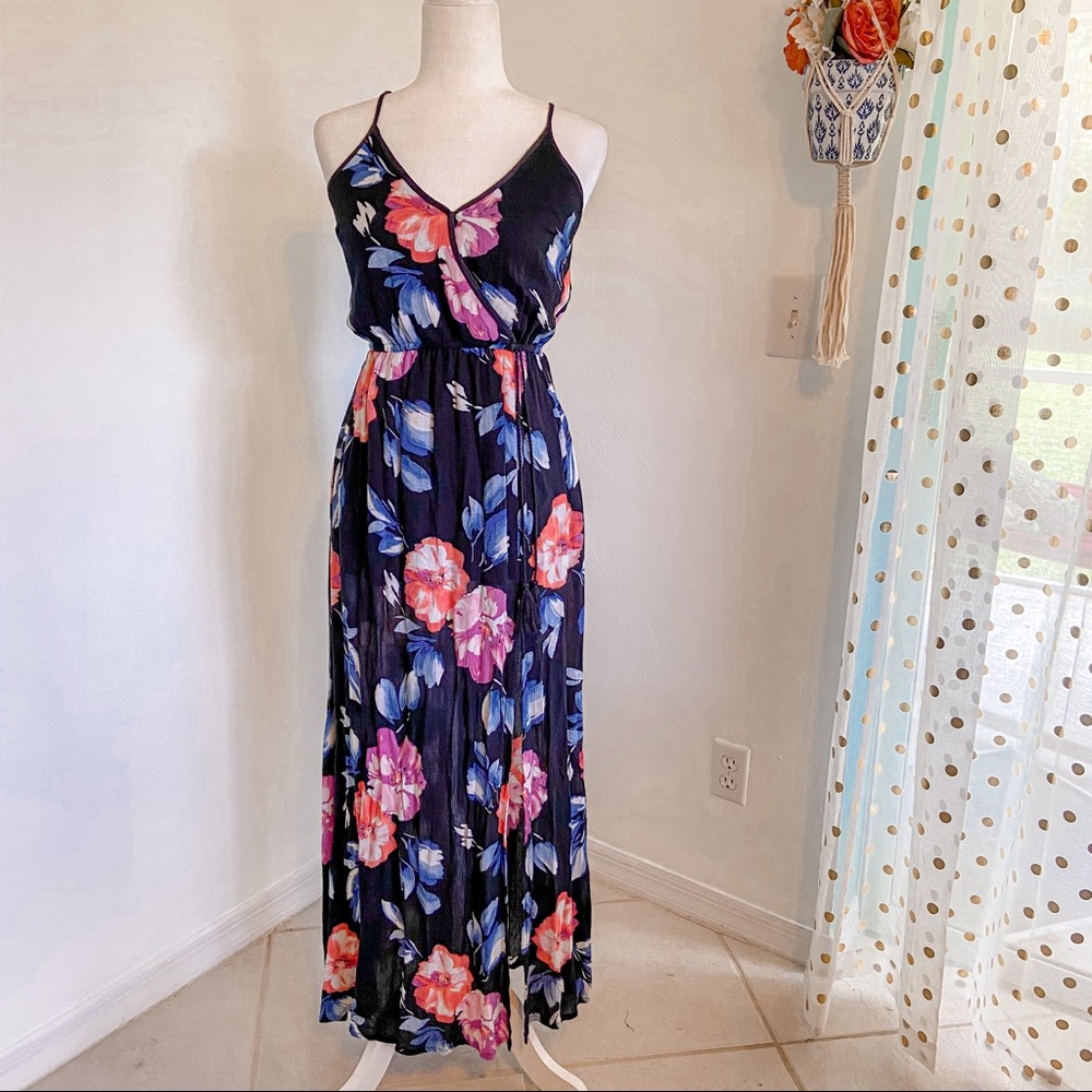 Band of Gypsies Black Floral Sursplice Maxi Dress